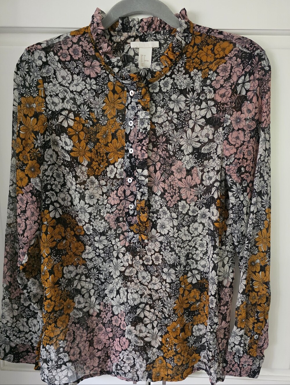 H&M Floral Ruffle Collar Long-Sleeve Blouse - Pink, Mustard, Black Sz 2